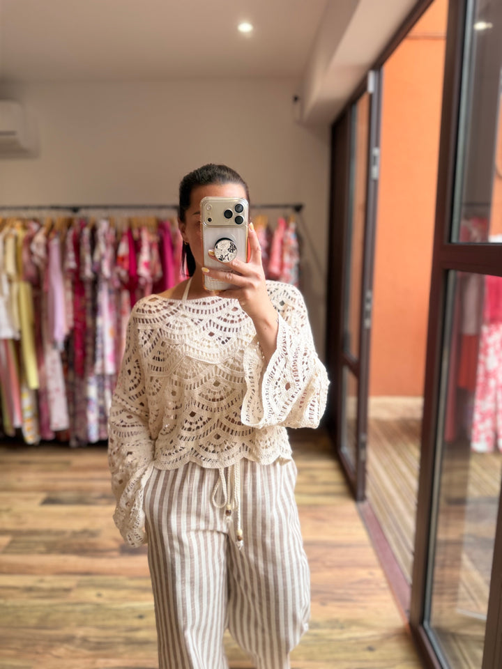Pantalon rayé taupe lin/ coton
