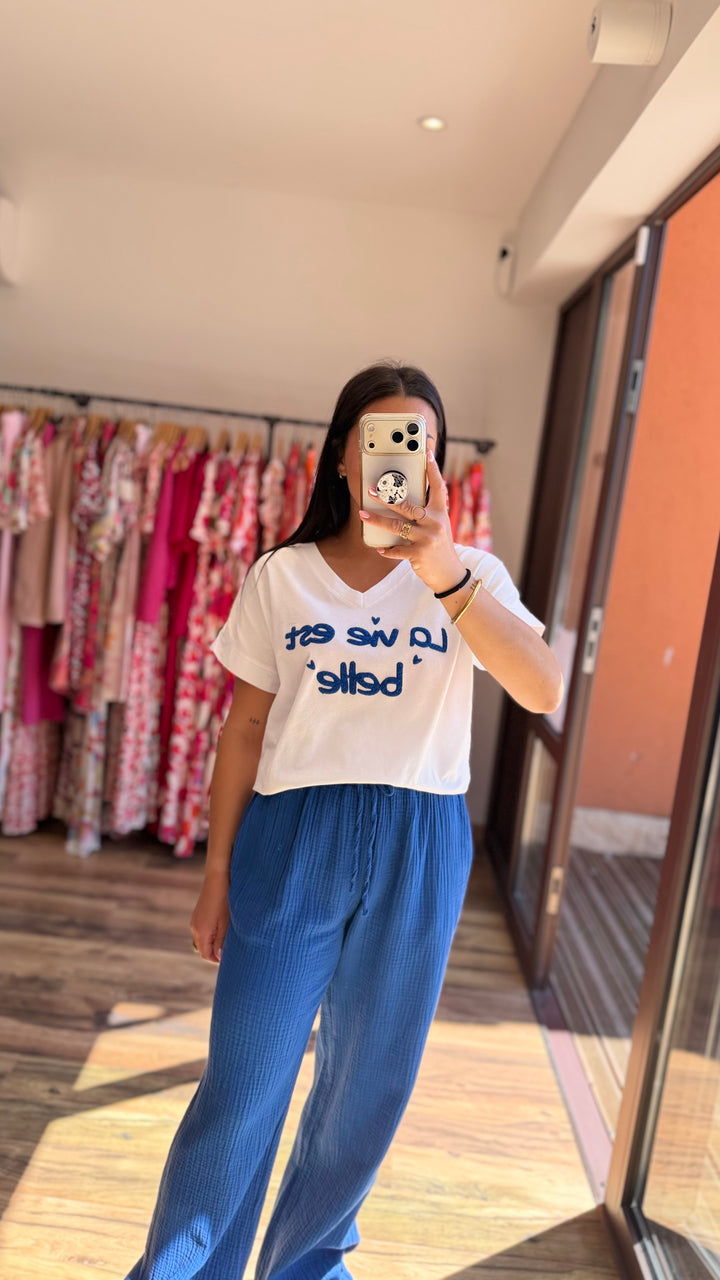 Pantalon gaze de coton bleu roi