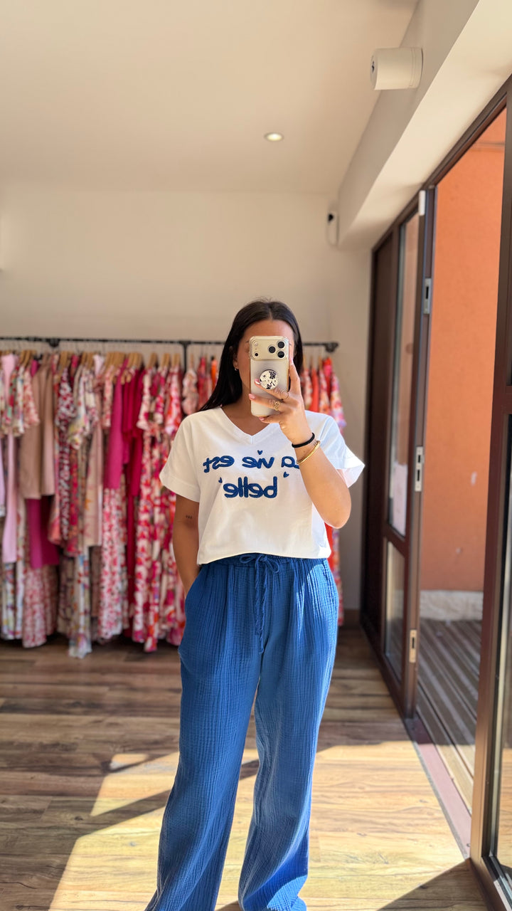 Pantalon gaze de coton bleu roi