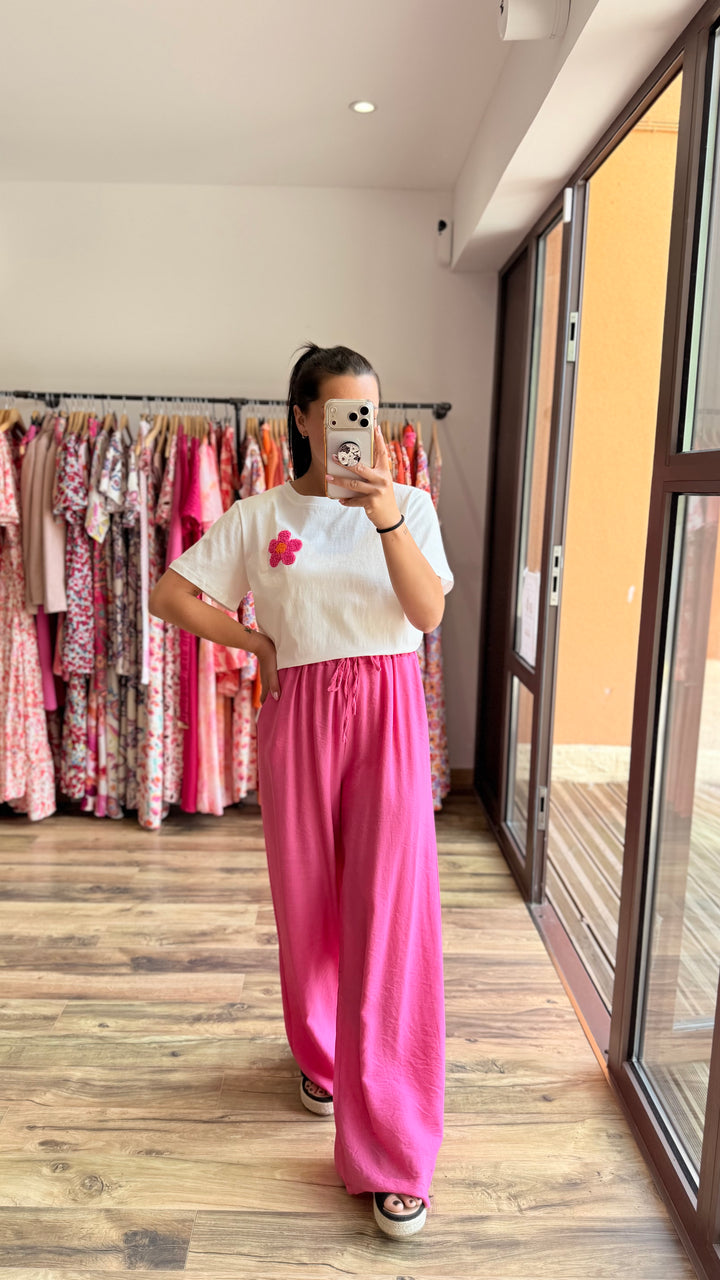 Teeshirt fleur blanc fushia