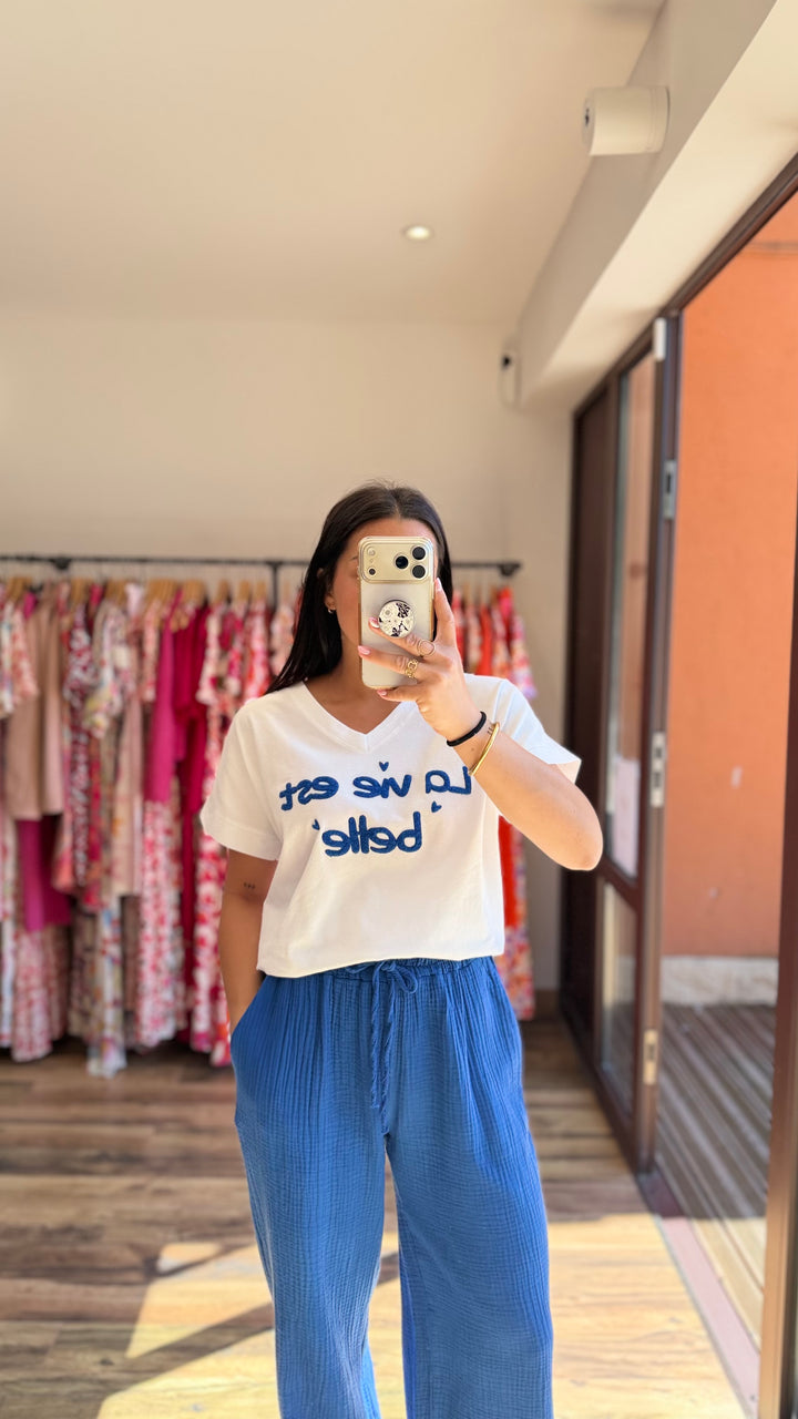 Pantalon gaze de coton bleu roi