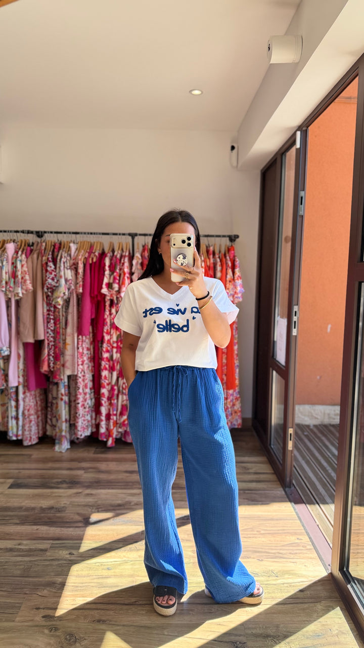 Pantalon gaze de coton bleu roi