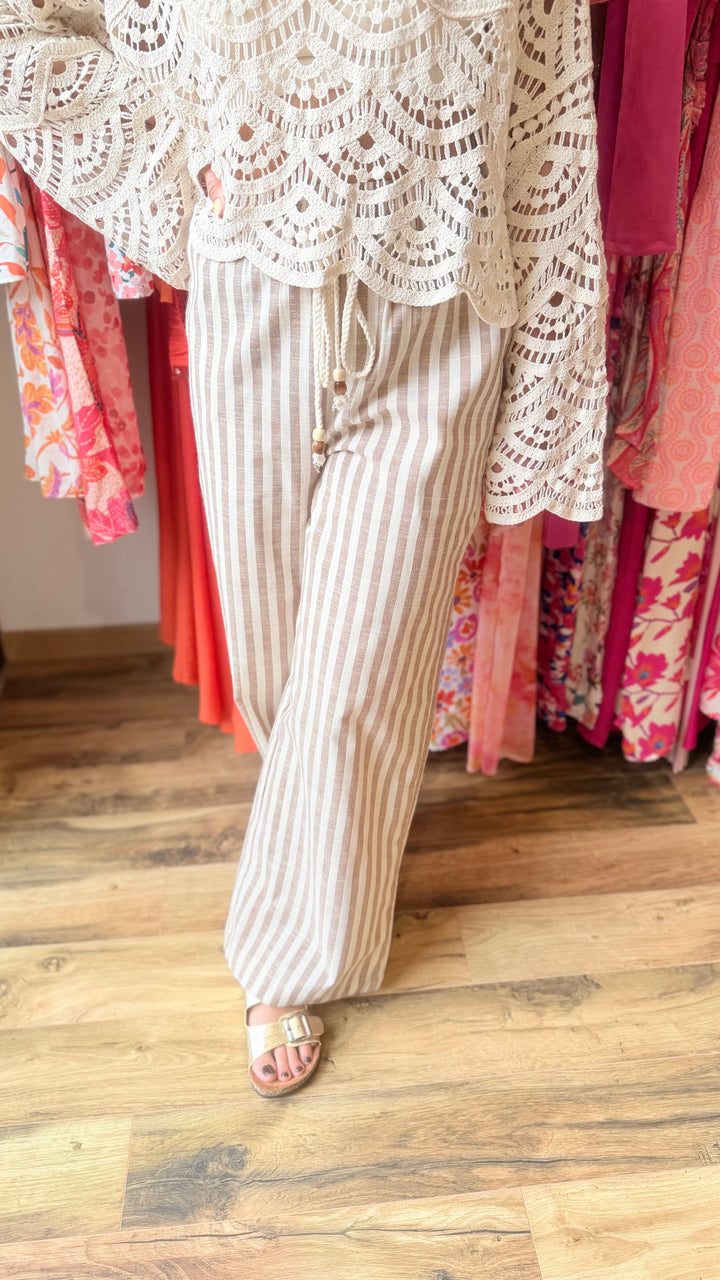 Pantalon rayé taupe lin/ coton