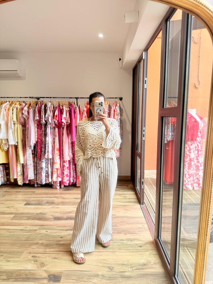 Pantalon rayé taupe lin/ coton