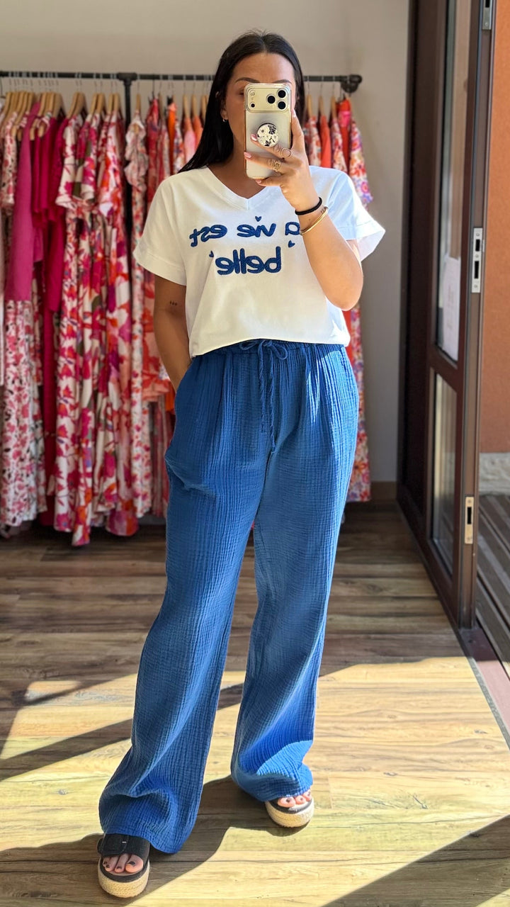 Pantalon gaze de coton bleu roi