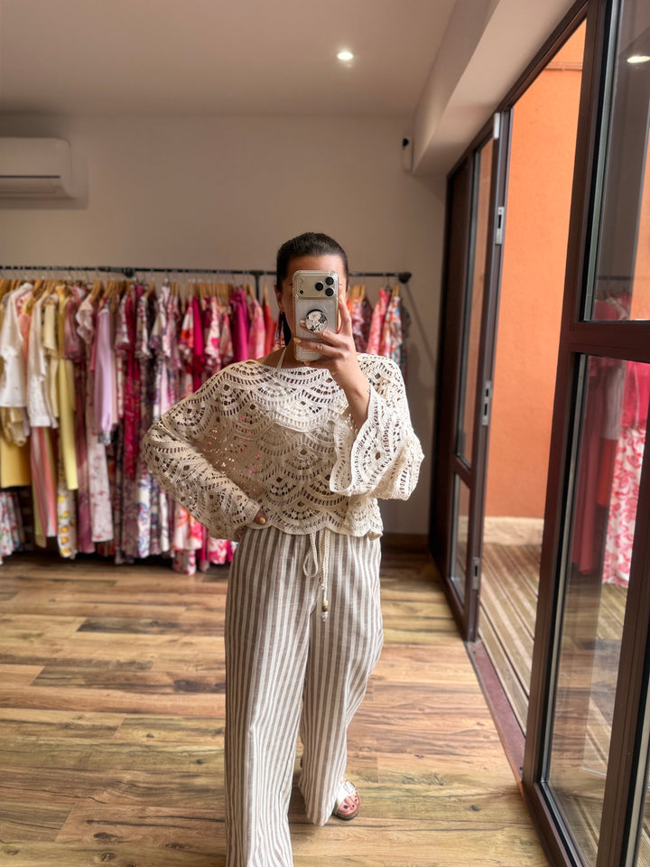 Pantalon rayé taupe lin/ coton